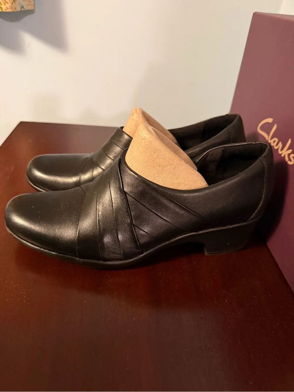 Clarks Black Leather Slip-On Loafers with Wrapped Vamp